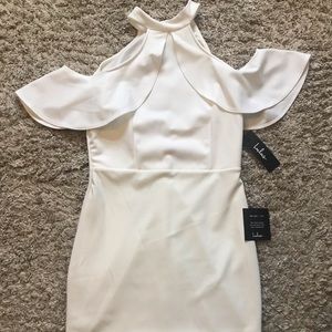 White high neck off the shoulder dress